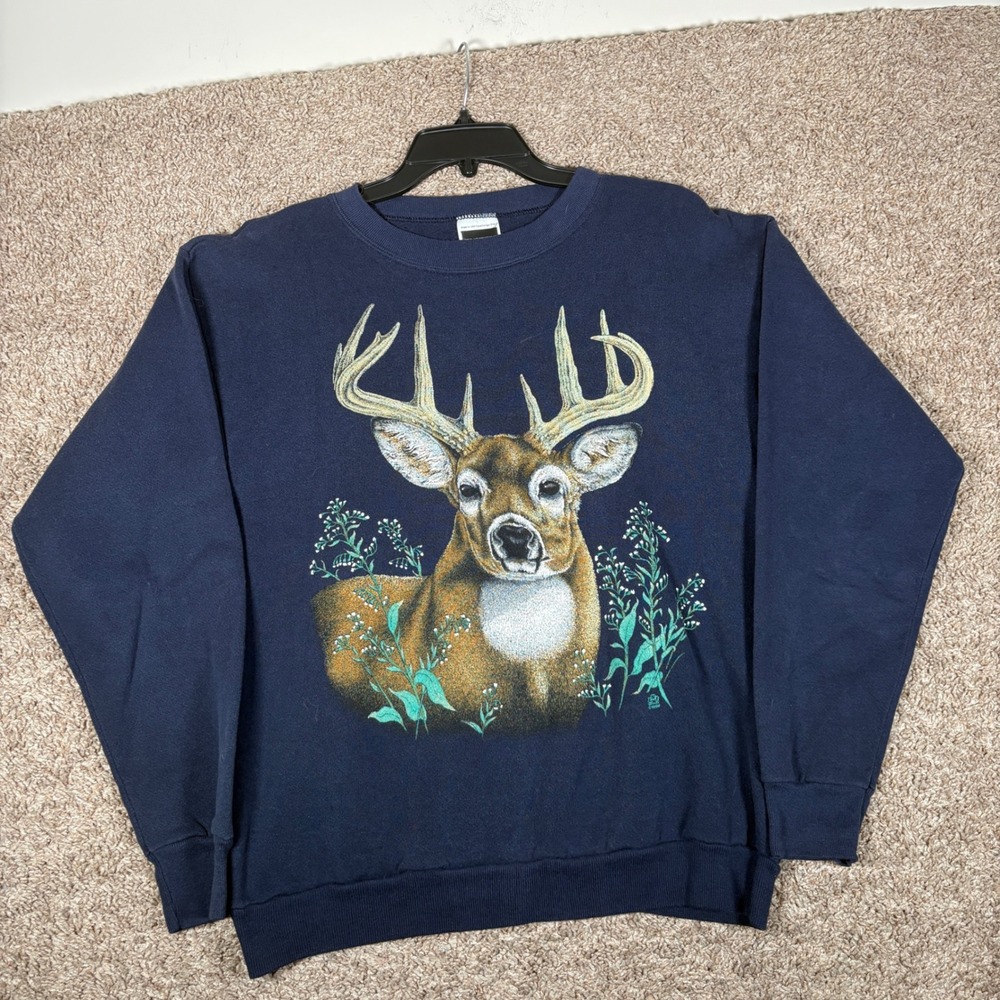 Vintage Tultex Mens Navy Blue Deer Buck Graphic Sweatshirt Made in USA Large
